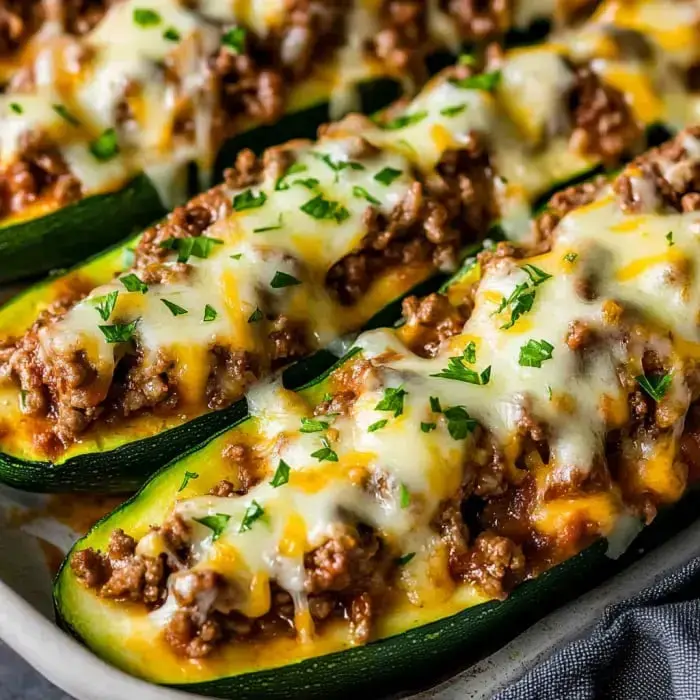 Zucchini boats with meat and cheese, garnished with parsley, straight from the oven.