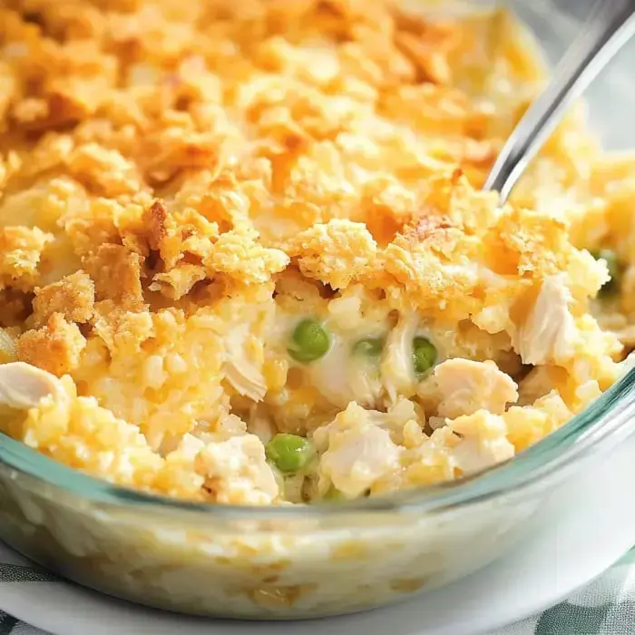 Close view of creamy baked chicken, rice, and crispy crackers, garnished with peas.
