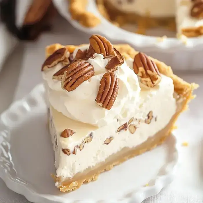 A decorative plate holding a slice of pecan pie with whipped cream and pecan topping.