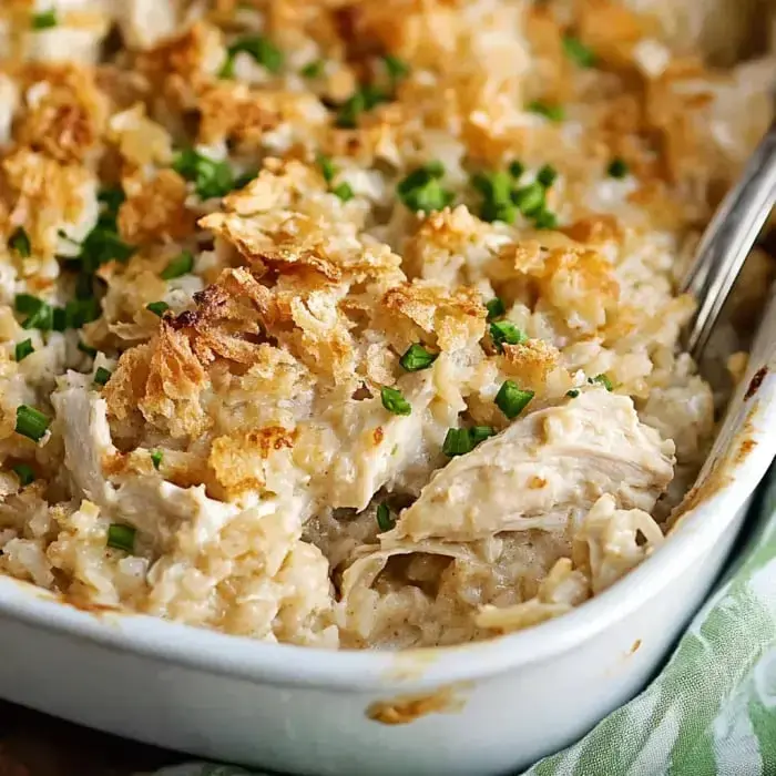A creamy chicken and rice bake topped with crispy golden breadcrumbs and sprinkled with fresh green onions.