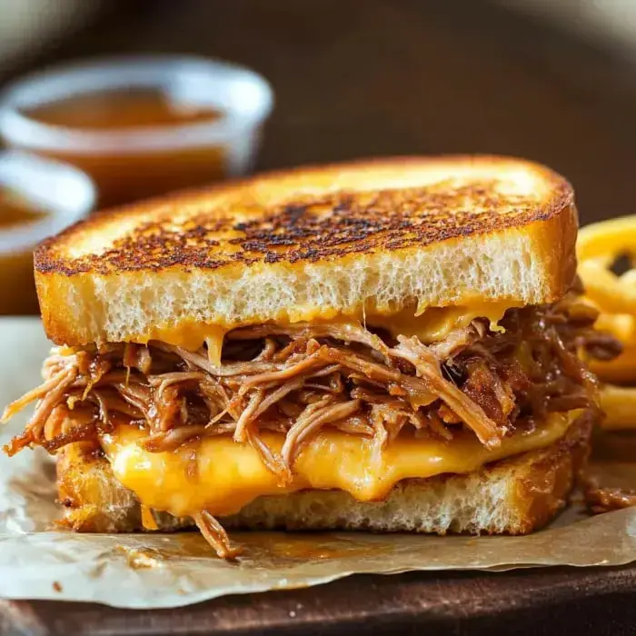 A grilled sandwich stuffed with BBQ pork and cheese, paired with dipping sauces.