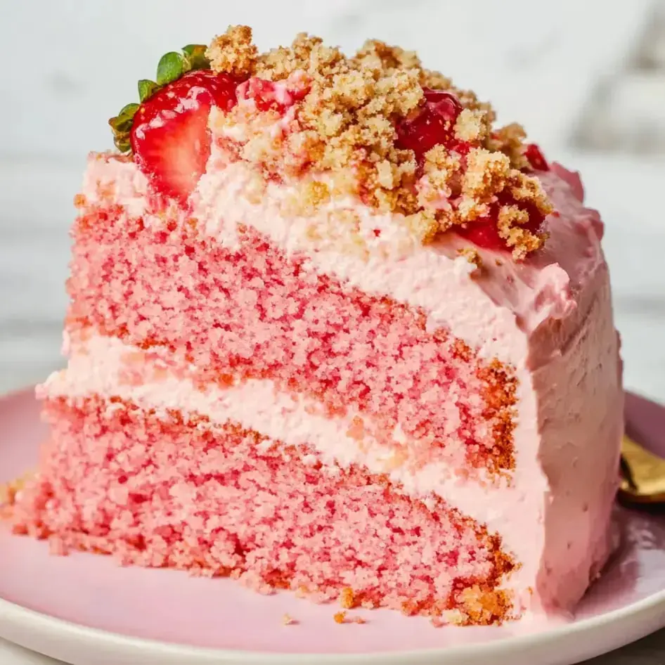 A pink cake slice with cream filling, topped with crunchy crumbs and fresh strawberries, plated beautifully.