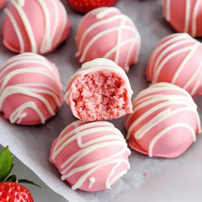 Close-up of pink cheesecake balls with white icing drizzle, one showing the soft interior.