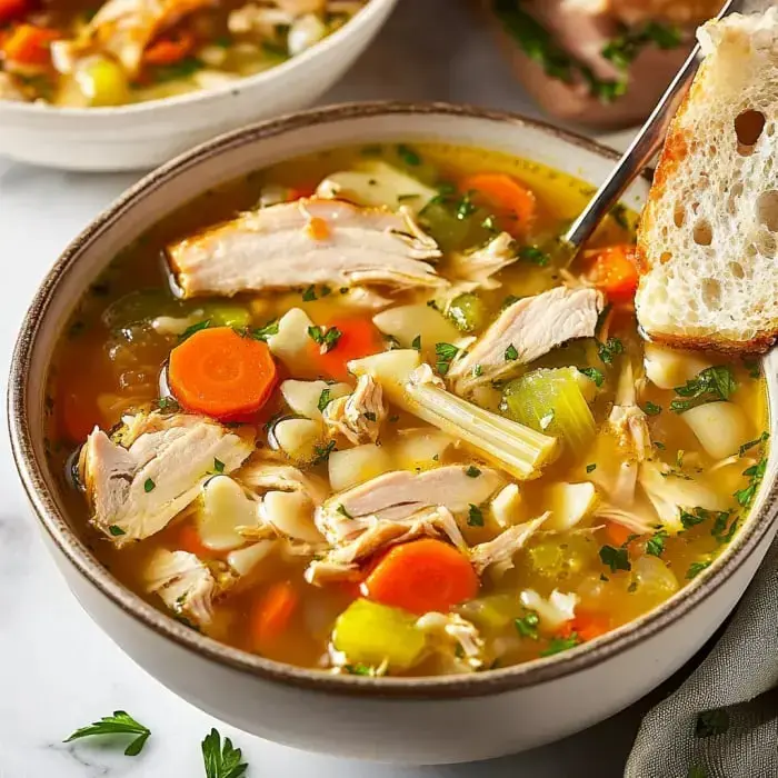 A warm soup bowl filled with turkey, couscous, and veggies like carrots and celery, topped with fresh parsley, served beside bread.