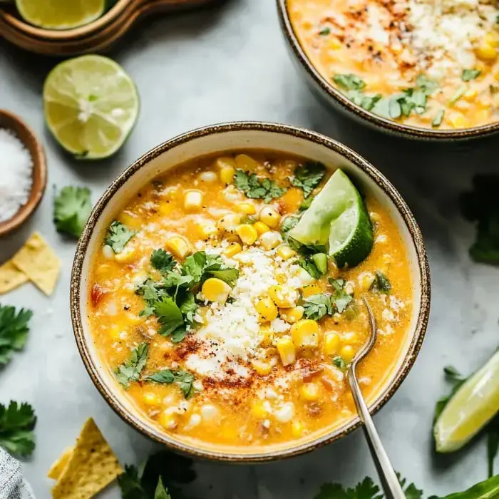 A creamy chowder garnished with cilantro, cotija cheese, and lime, served with tortilla chips and salt on the side.
