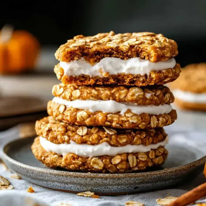 Several soft oatmeal cookies with white filling stacked on a gray plate, one with a bite missing.