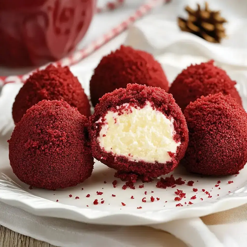 A plate of velvet cake bites, some whole and one halved, showing its creamy cheesecake center.
