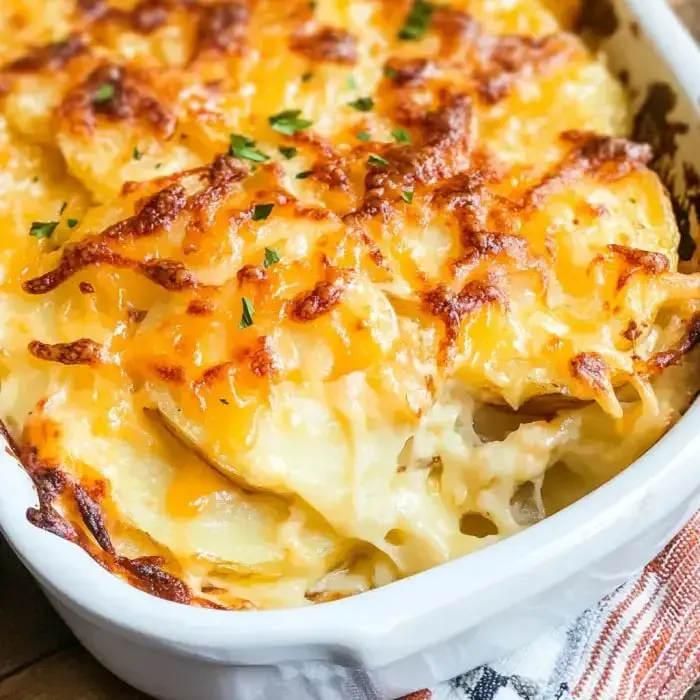 Close-up of a bubbling cheesy potato casserole garnished with parsley on top.