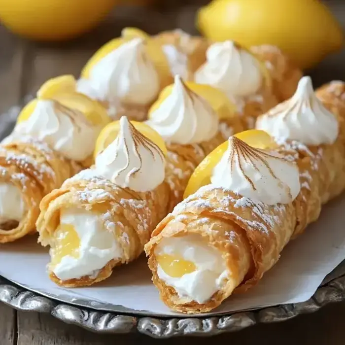 Golden, flaky cannoli shells stuffed with lemon cream and topped with meringue. Lemon slices on the side.