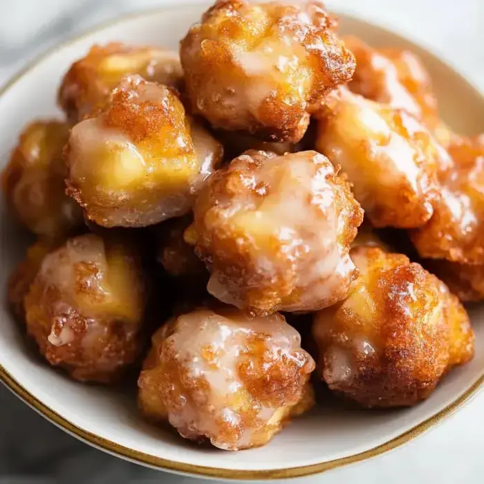 A pile of golden, glazed doughnut-like treats, shiny with a sweet coating.