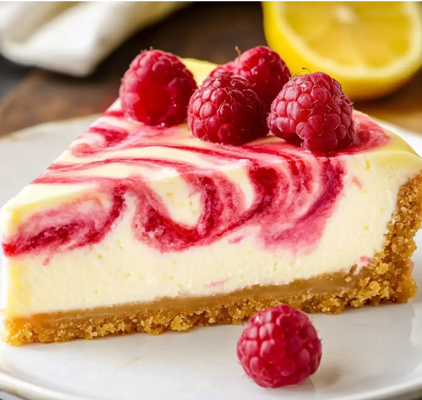 A rich raspberry cheesecake slice with a fresh lemon and raspberries in the background.