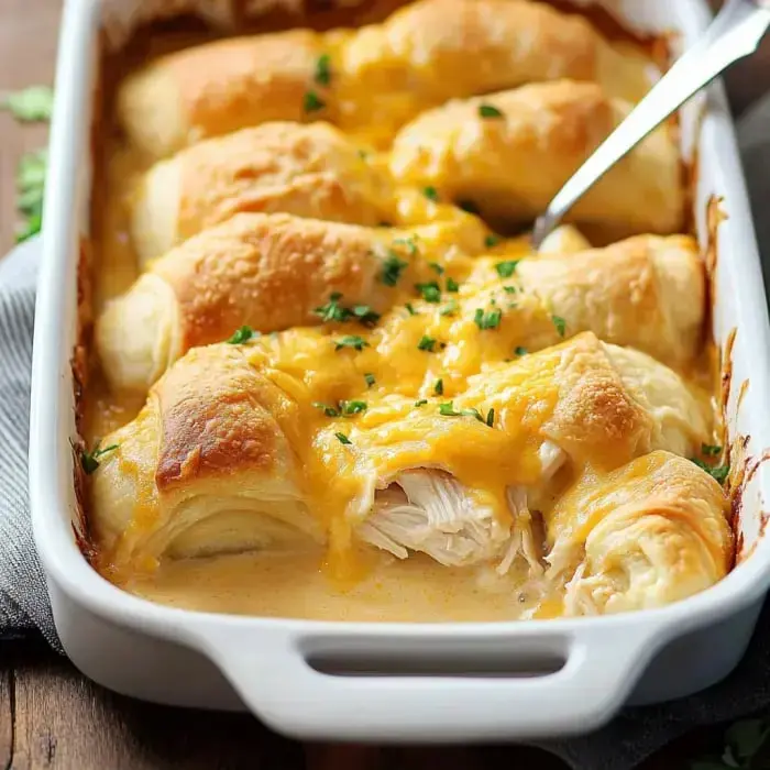 Golden crescent rolls stuffed with creamy chicken, baked in a cheesy sauce and sprinkled with fresh herbs.