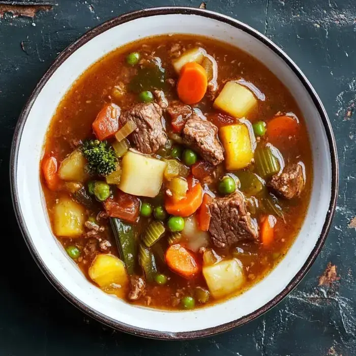 A hearty serving of soup with beef chunks, carrots, peas, and tomatoes in a delicious tomato-based broth.
