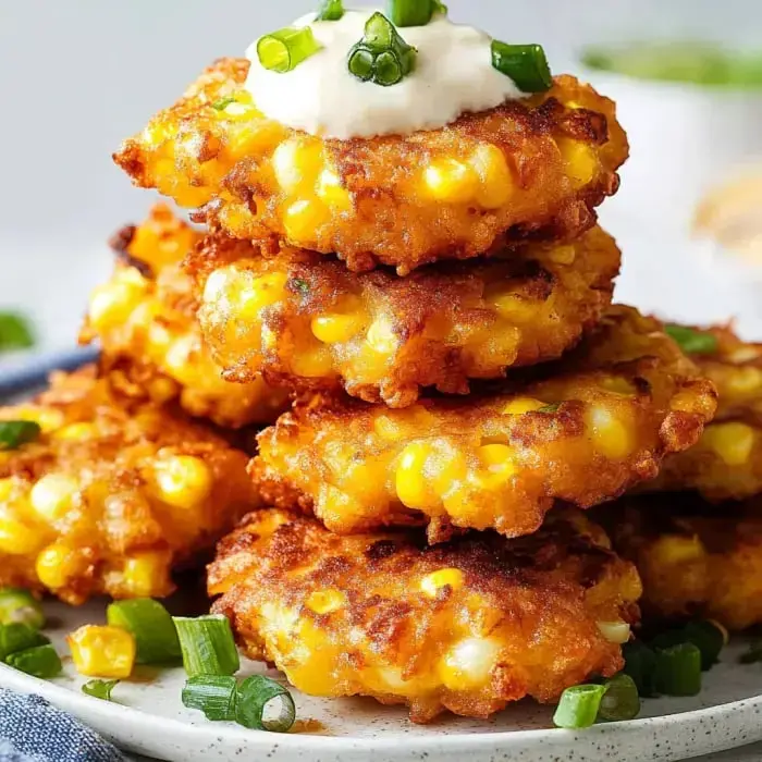 Crispy, golden corn fritters on a plate topped with sour cream and sprinkled green onions.