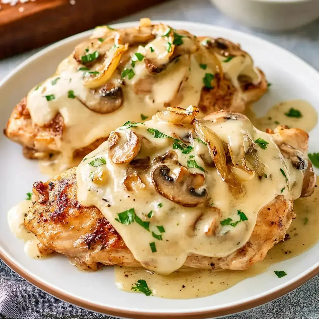 Grilled chicken breasts covered in a mushroom blend, topped with parsley and onion slices.
