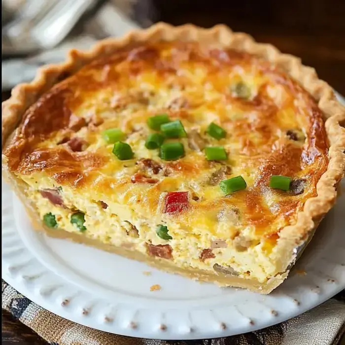 A golden slice of quiche bursting with ham, cheese, and green onion shreds.