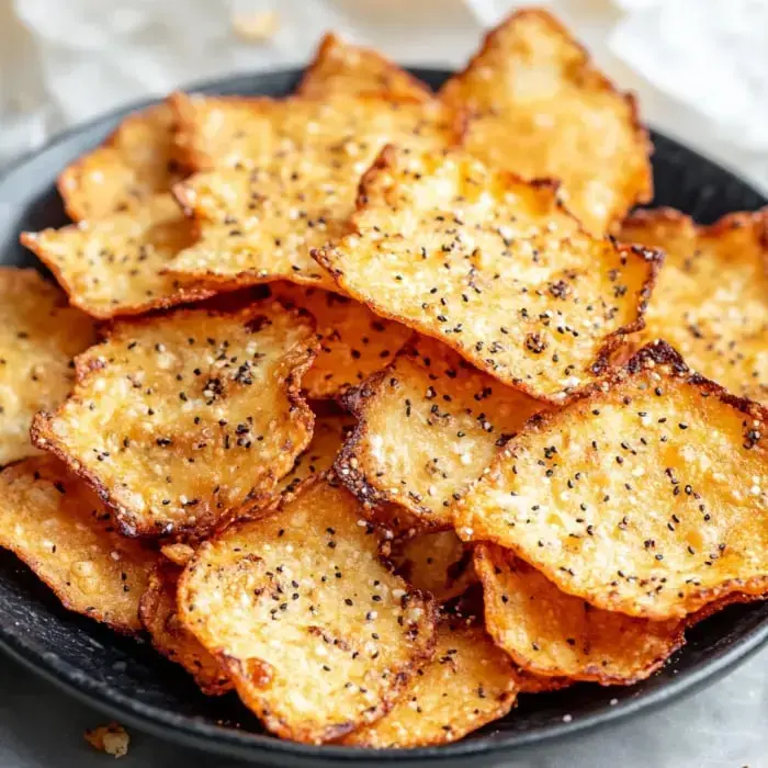 Golden, crispy cheese chips served on a black plate with a sprinkle of seasonings.