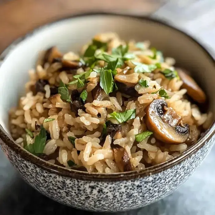 A serving bowl filled with rice, sautéed mushrooms, and a sprinkle of parsley.
