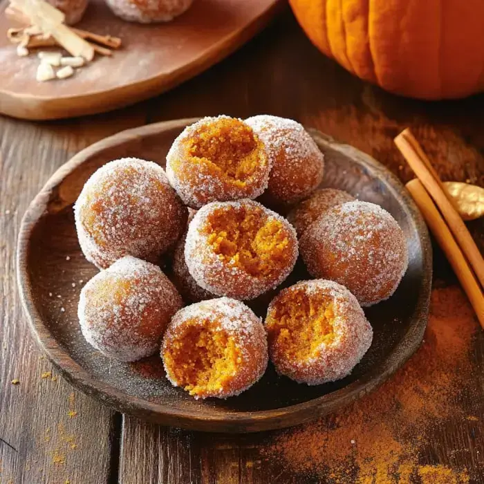 A plate of sugar-coated pumpkin muffins with one open to reveal orange fluff inside.