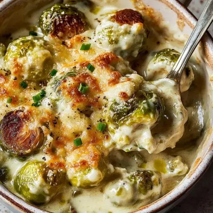 A rich dish of Brussels sprouts in a creamy, cheesy sauce with a golden top and sprinkled green onions.
