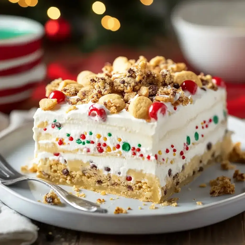 A layered treat slice with cookie crumbs, bright sprinkles, cherries, and whipped topping served on a plate with a fork.
