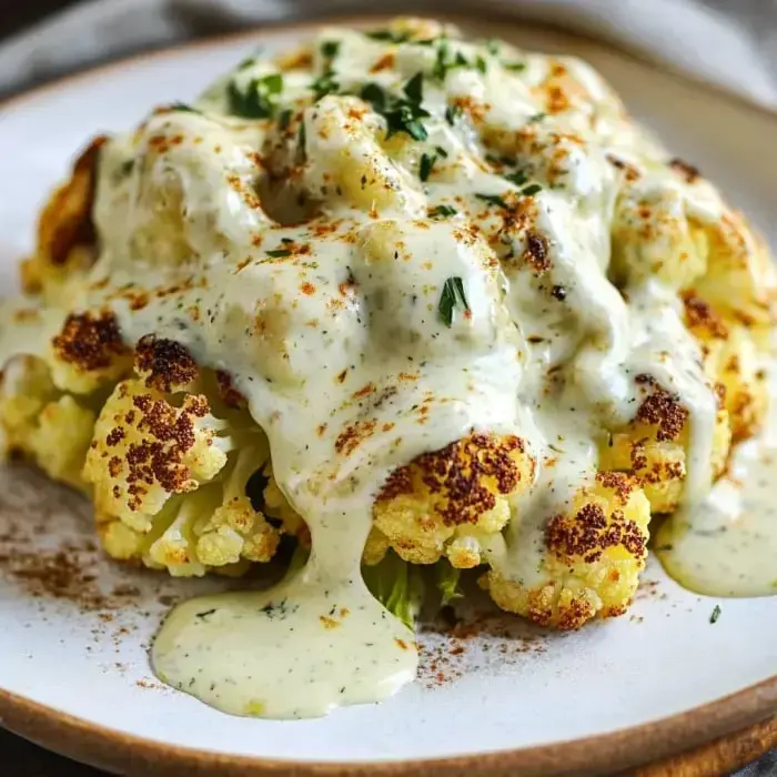 Golden cauliflower draped in creamy cheese sauce with herbs sprinkled on top, served on a white plate.