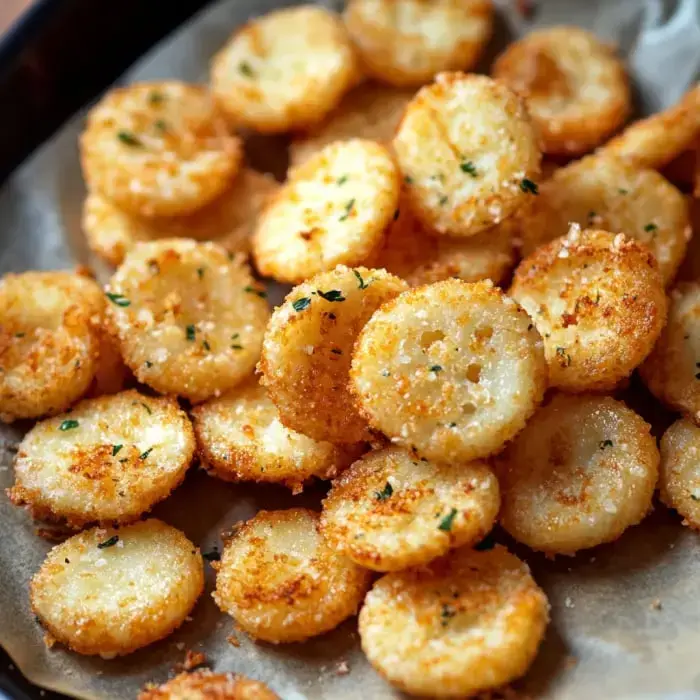 Golden, crunchy crackers on a plate with herbs sprinkled on top.
