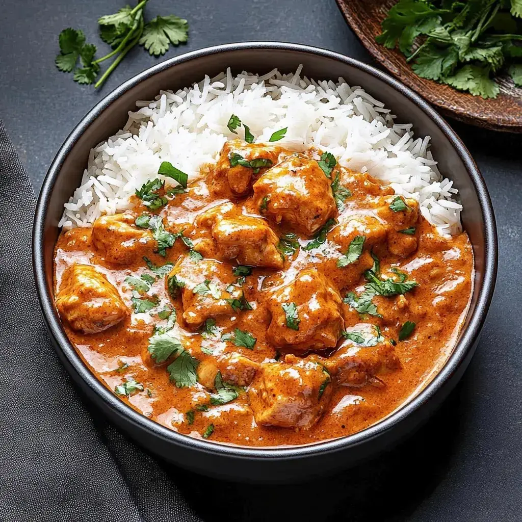 A delicious dish of creamy chicken curry with herbs on top, served alongside fluffy rice.