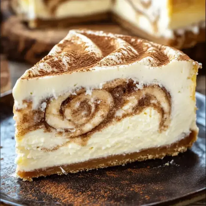 A rich cheesecake slice with cinnamon layers and smooth frosting on a dark plate.