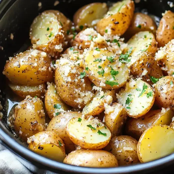 Baby potatoes cut open, slathered in butter, topped with herbs and breadcrumbs, served in a rustic dark bowl.