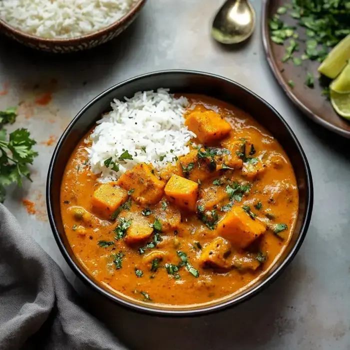 A cozy bowl of creamy curry loaded with fresh veggies, topped with herbs. Served next to plain white rice.