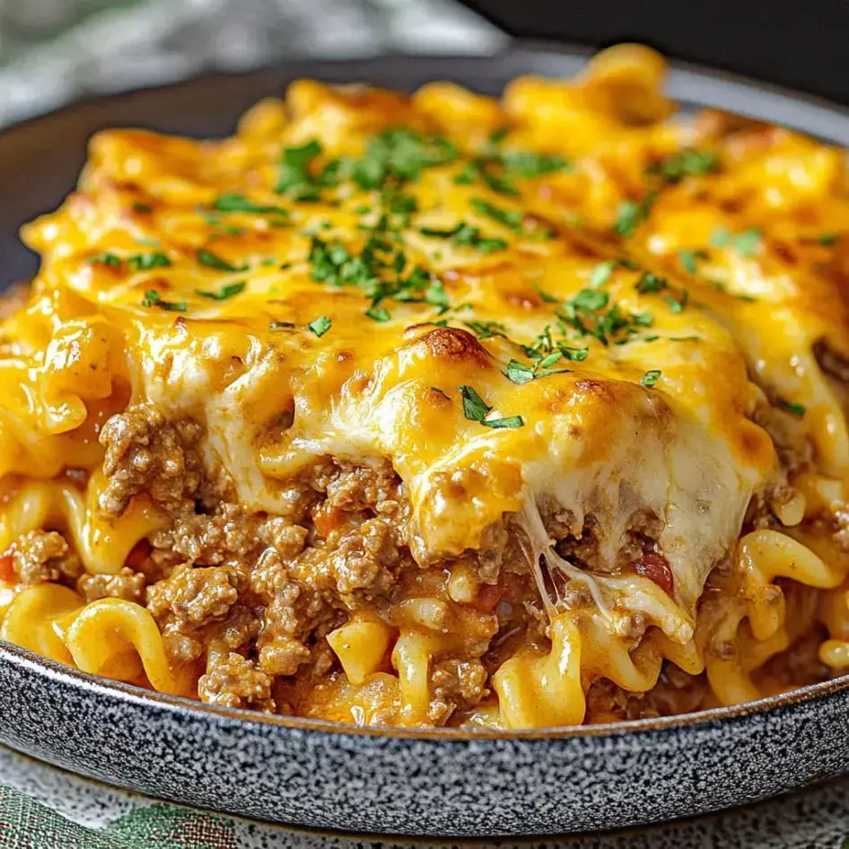Cheesy baked pasta layers garnished with chopped parsley.
