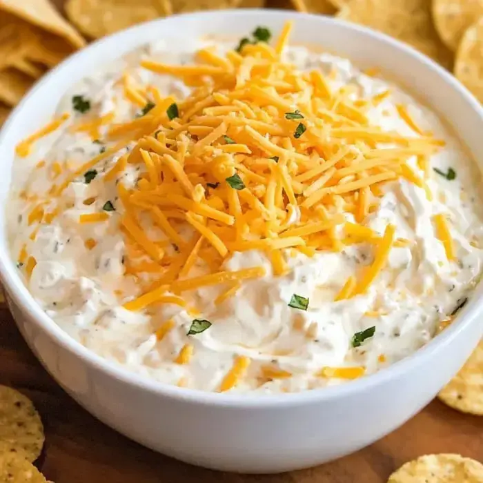 Creamy bacon and cheddar dip topped with cheese and herbs, served with a side of tortilla chips.