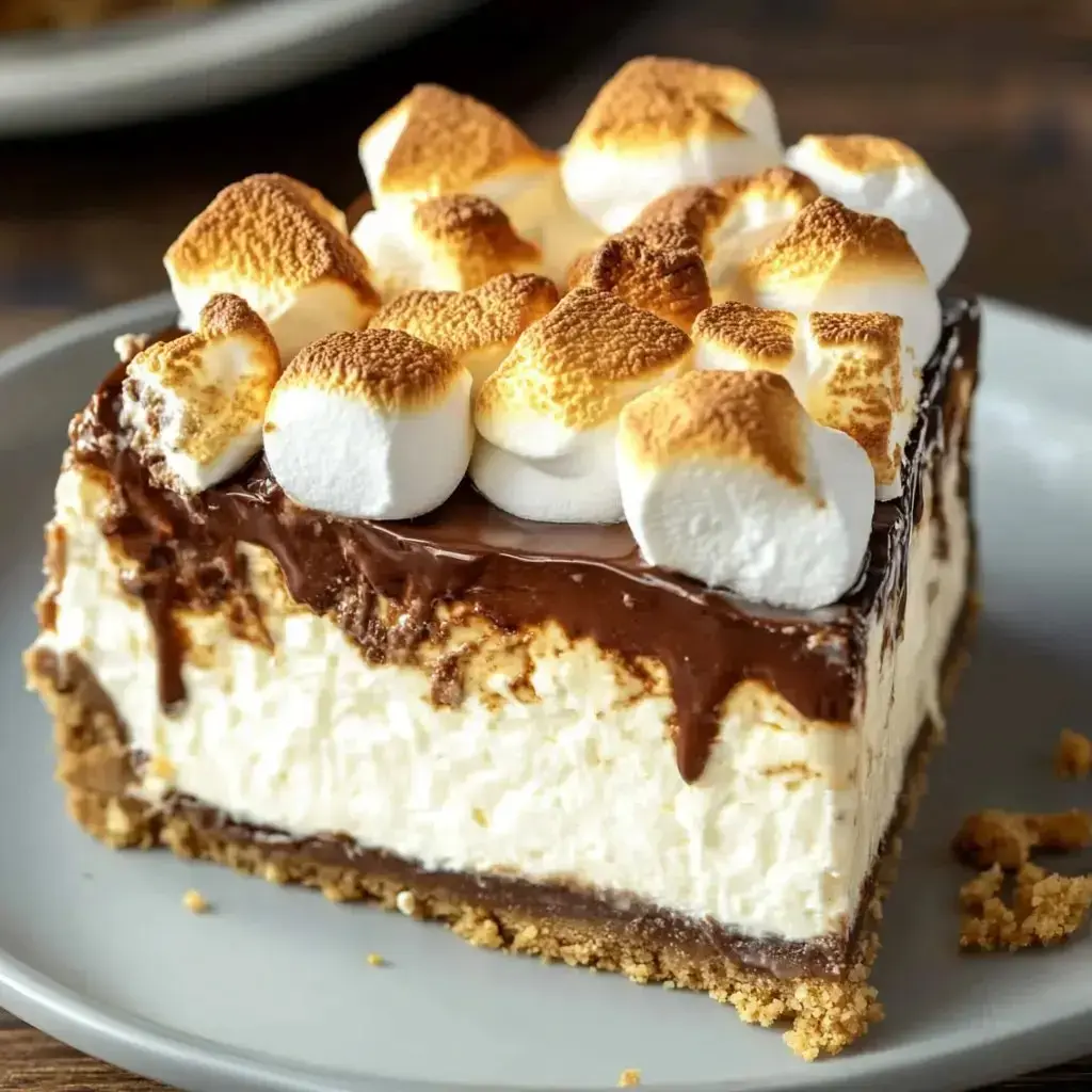 A slice of creamy cheesecake topped with toasted marshmallows and a drizzle of chocolate, sitting on a crumbly graham crust.