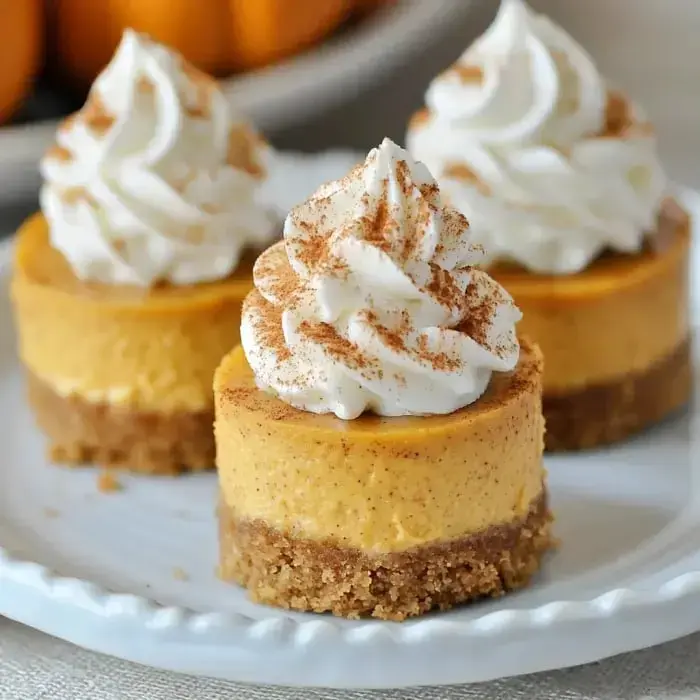 Small pumpkin cheesecakes topped with whipped cream and cinnamon, sitting on a white plate.