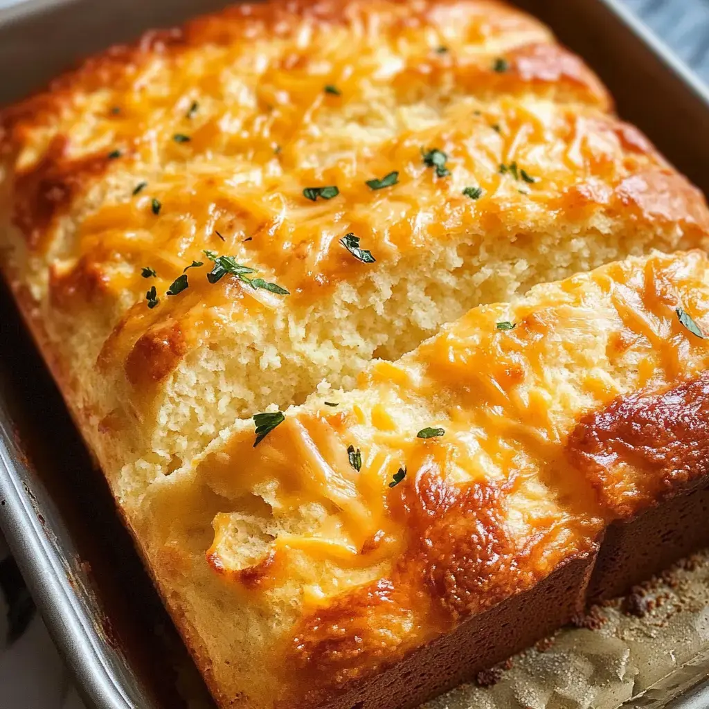 A golden-crusted cheese bread fresh from the oven, sprinkled with herbs and cut into several slices.