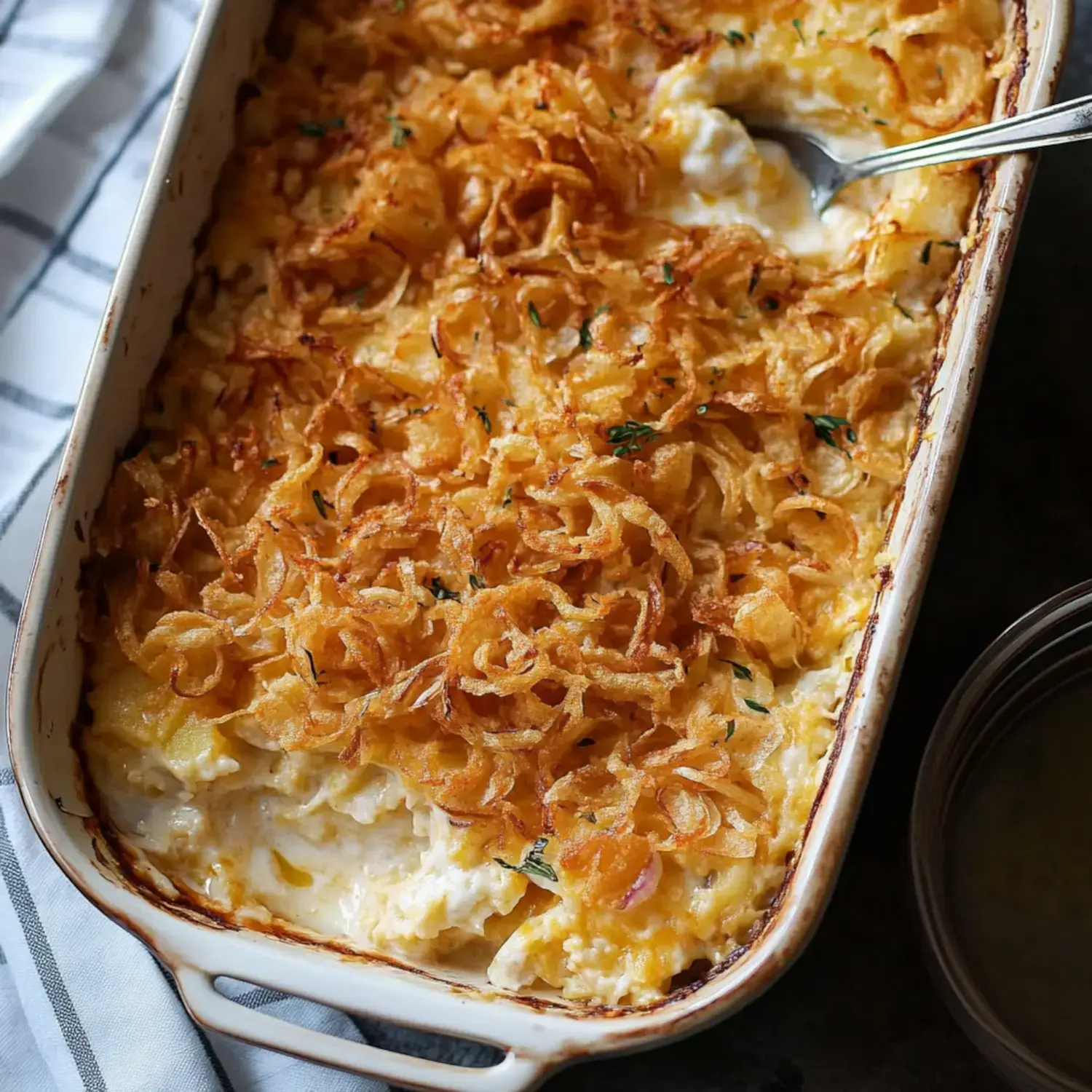 A golden baked potato dish with a crispy onion topping showing its creamy cheese filling beneath.