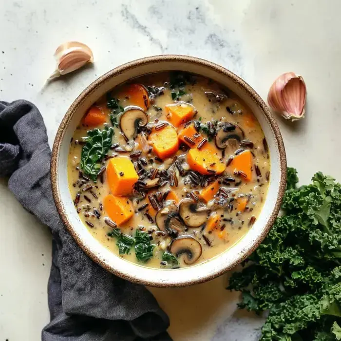 Creamy soup in a bowl, showing chunks of orange squash, mushrooms, wild rice, and kale, with garlic bulbs and a dark napkin on white marble.
