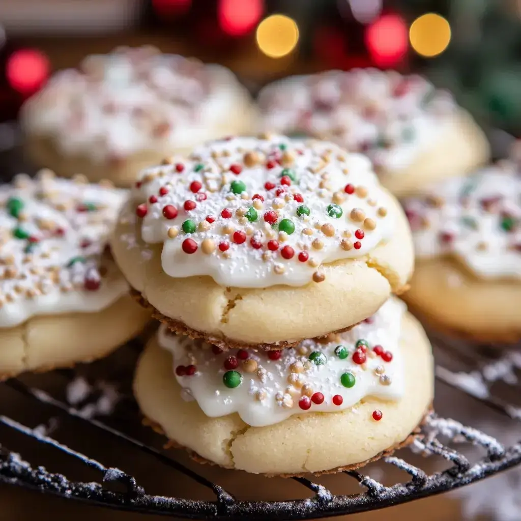 Several decorated holiday cookies with frosting and bright sprinkles laid out on a cooling rack.