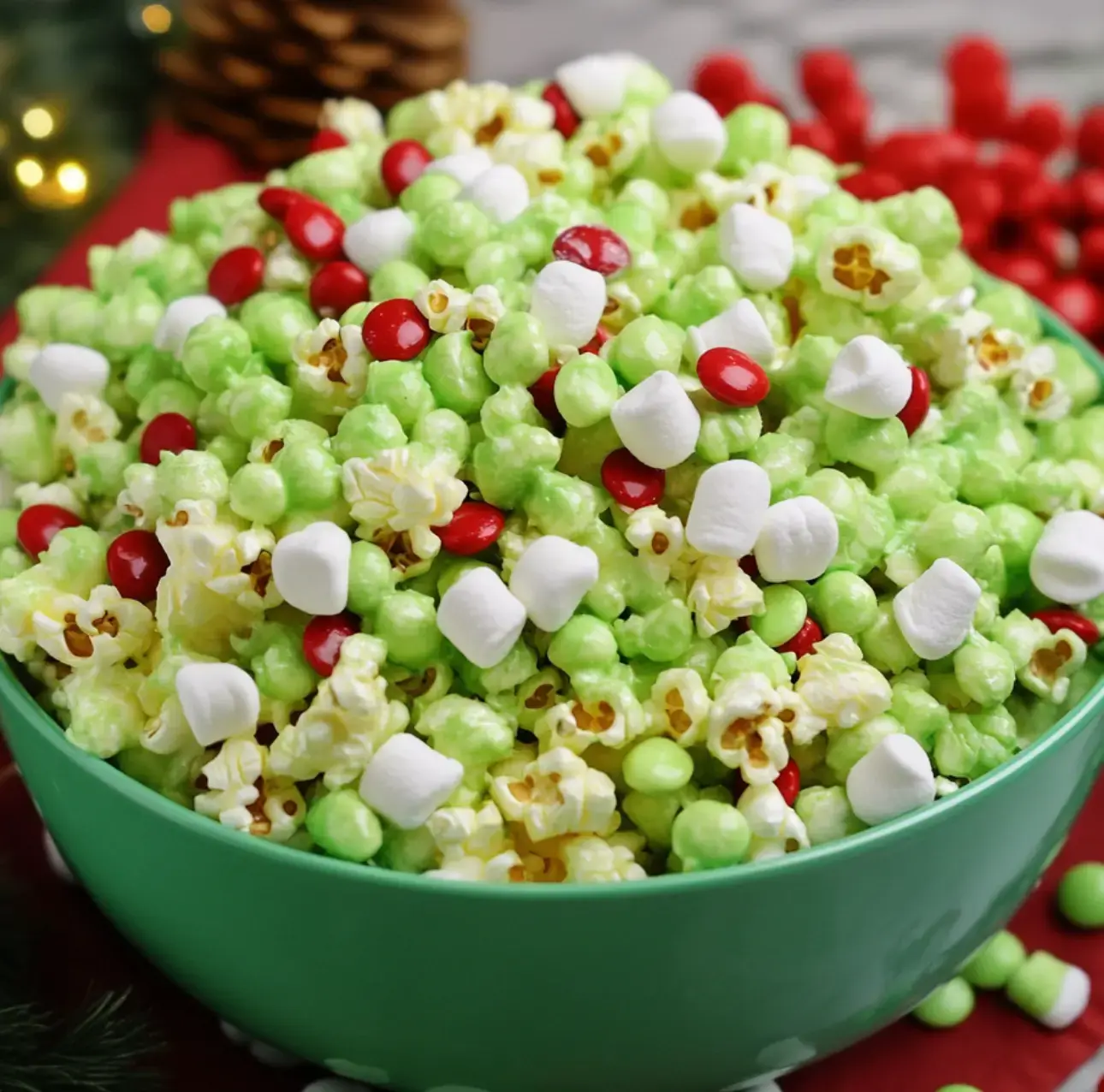 A bowl of bright green popcorn mixed with red candies and white marshmallows displayed on a festive holiday background.