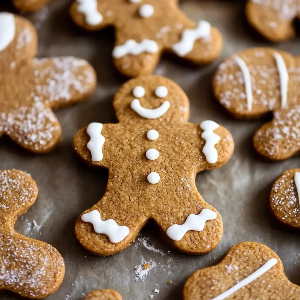 A collection of decorated gingerbread cookies including a cheerful gingerbread man with white icing details, displayed on parchment paper on a baking sheet.