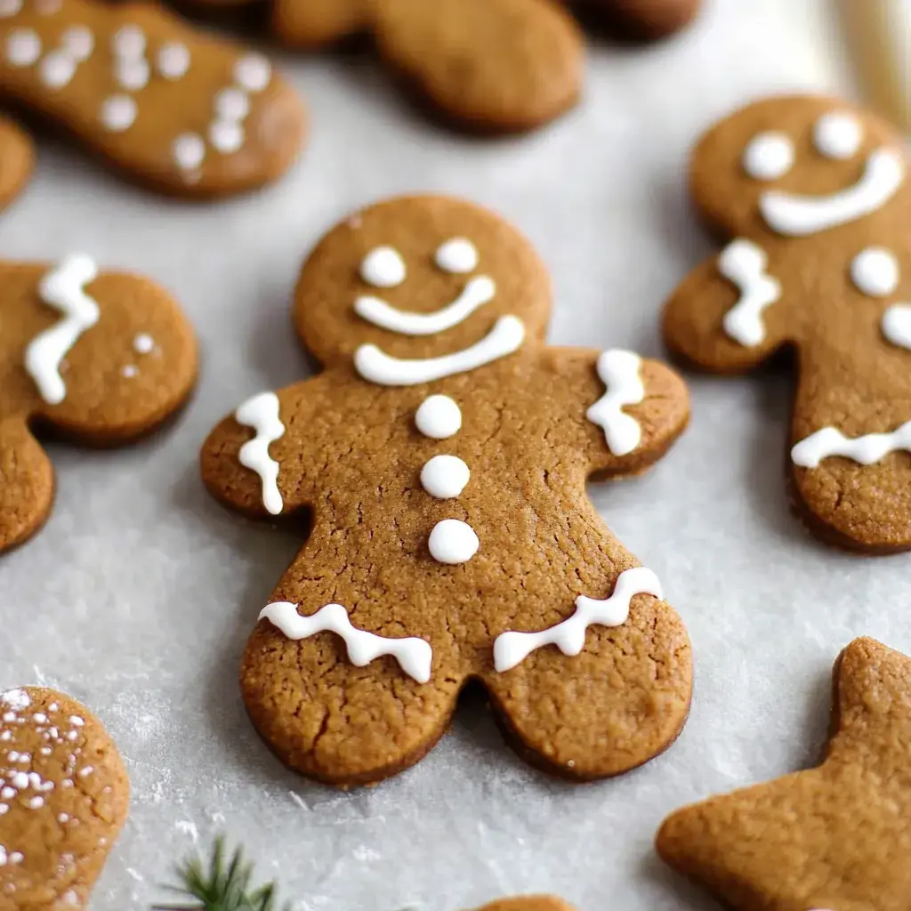 A detailed view of gingerbread people cookies decorated with white frosting designs, arranged against a pale background.