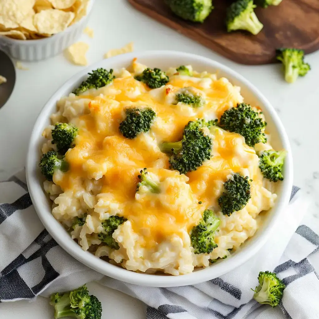 A dish of creamy broccoli rice with melted cheese on top and fresh broccoli pieces for garnish.