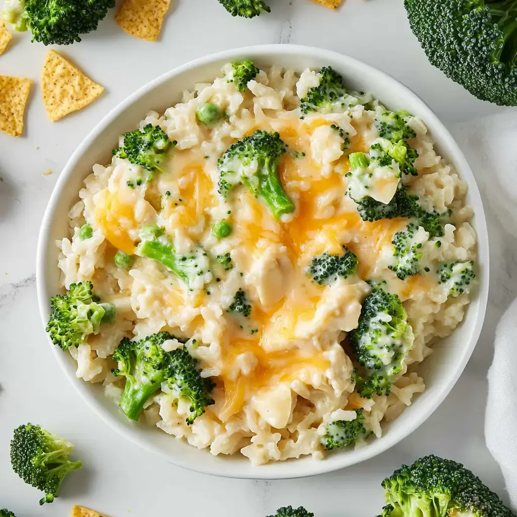 A serving of gooey rice mixed with broccoli, peas, and cheese, with tortilla chips and fresh broccoli scattered around.