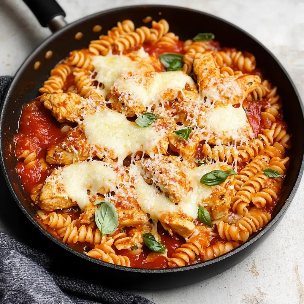 A pan containing twisted pasta mixed with red sauce, melted cheese, diced chicken, and garnished with fresh basil on top.