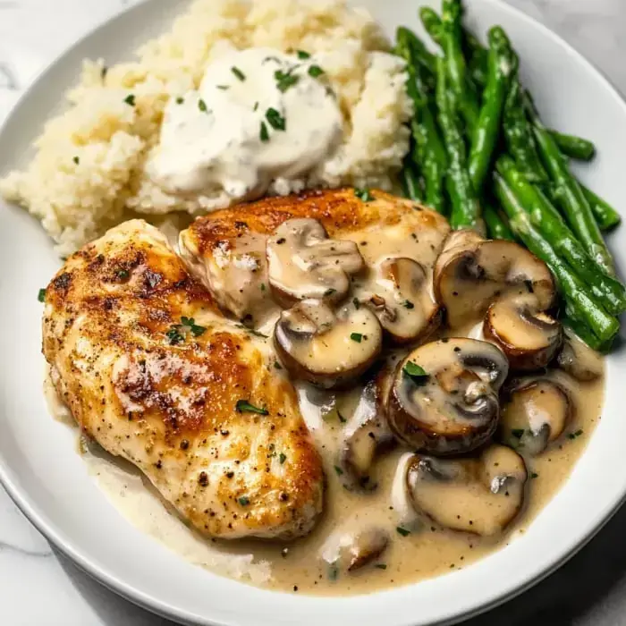 Creamy mushroom chicken on a plate with white rice, sour cream, plus bright green asparagus.