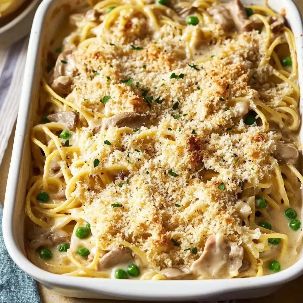 Creamy noodles with a crunchy, golden topping and peas sprinkled on top.