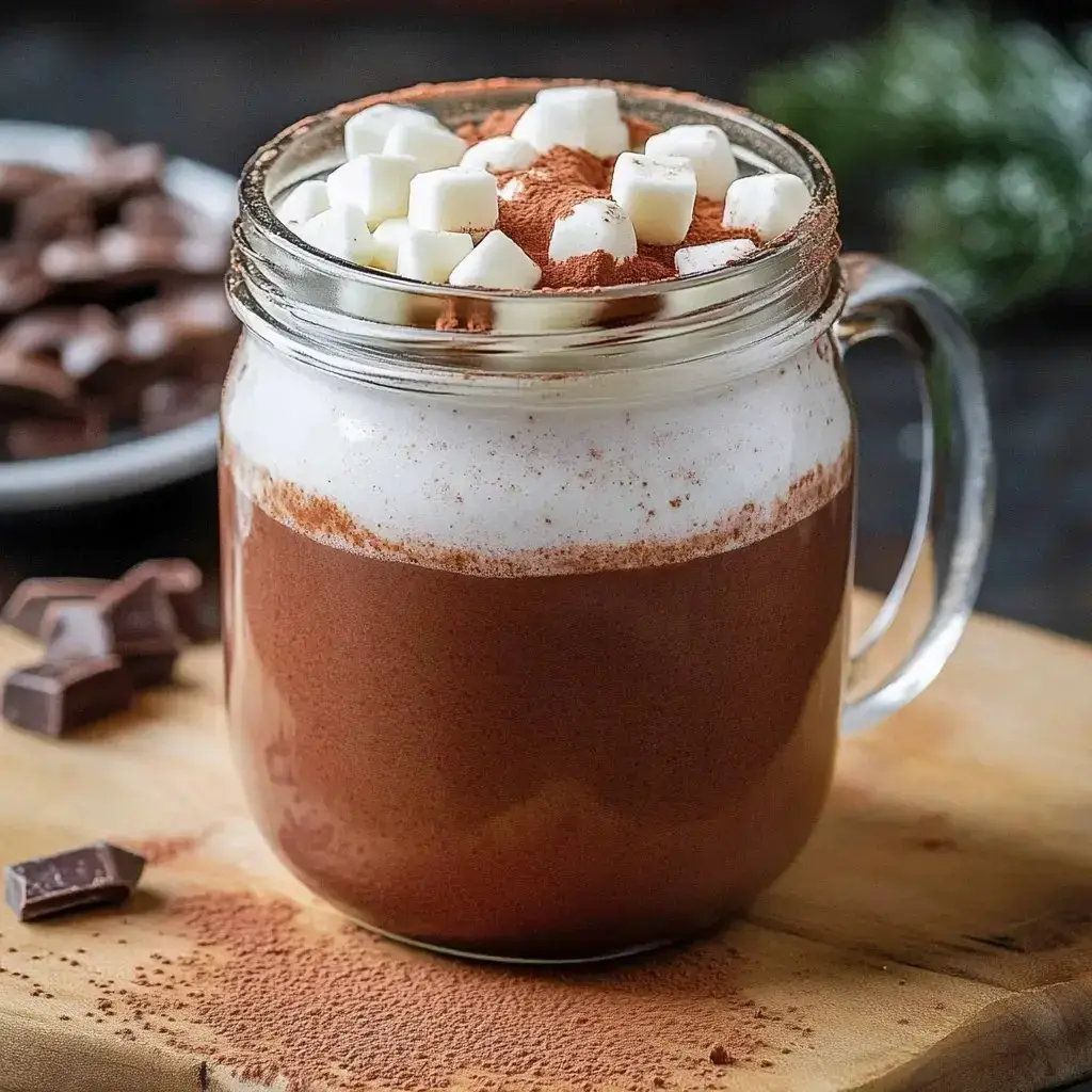 A glass jar stuffed full with hot cocoa, topped with a mound of whipped cream, marshmallows, and cocoa dust, surrounded by chocolate chunks on a wooden table.