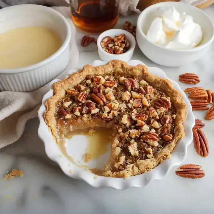 Pecan pie with a missing wedge, placed alongside little dishes of cream, syrup, and chopped nuts on a marble countertop.