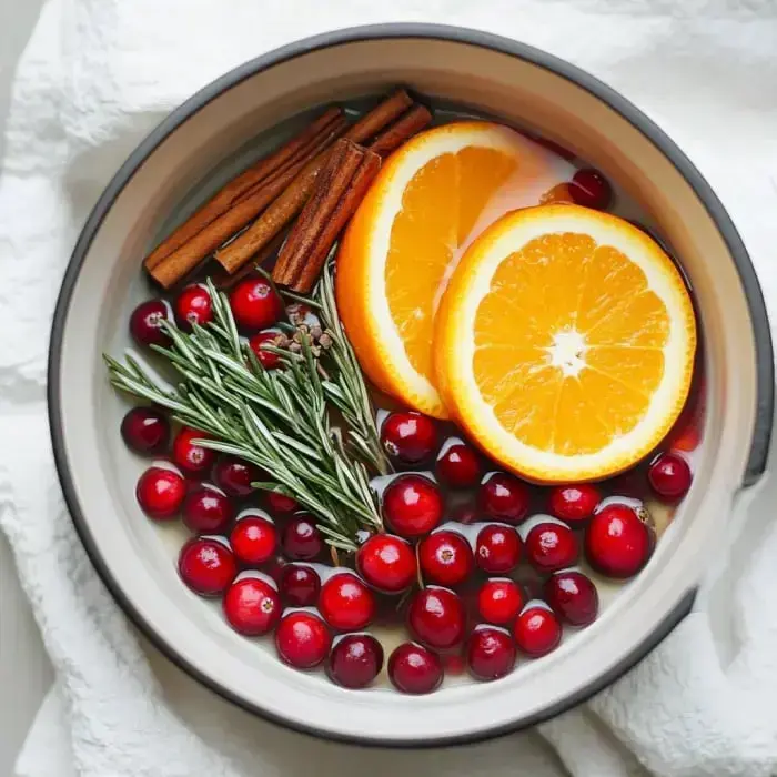 A dish packed with orange slices, cranberries, sticks of cinnamon, and sprigs of rosemary.